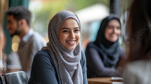 Smiling woman in a hijab at a café, engaging with friends in a warm environment.
