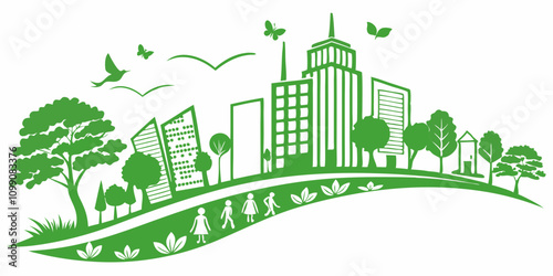 Ecological concept with green city, green eco city, vector illustration
