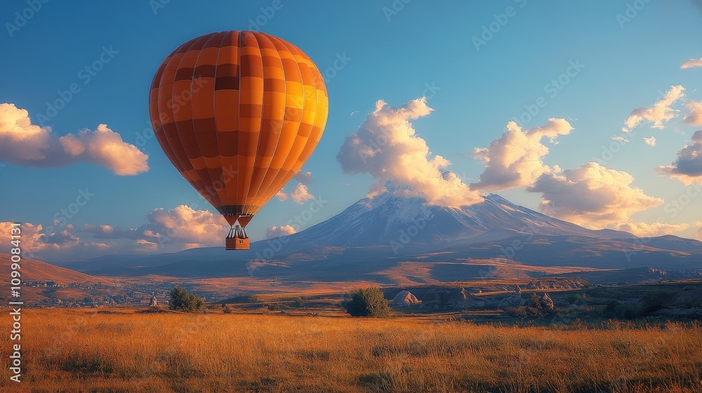 Fototapeta premium A vibrant hot air balloon floats over a scenic landscape with mountains and clouds.