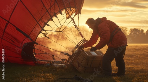 Man Preparing Hot Air Balloon During Sunrise in Misty Field, Capturing The Beauty of Adventure and Nature's Wonders in a Serene Atmosphere
