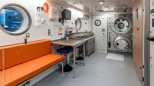 nuclear shelter concept. Modern interior of a hyperbaric chamber with equipment and seating area.