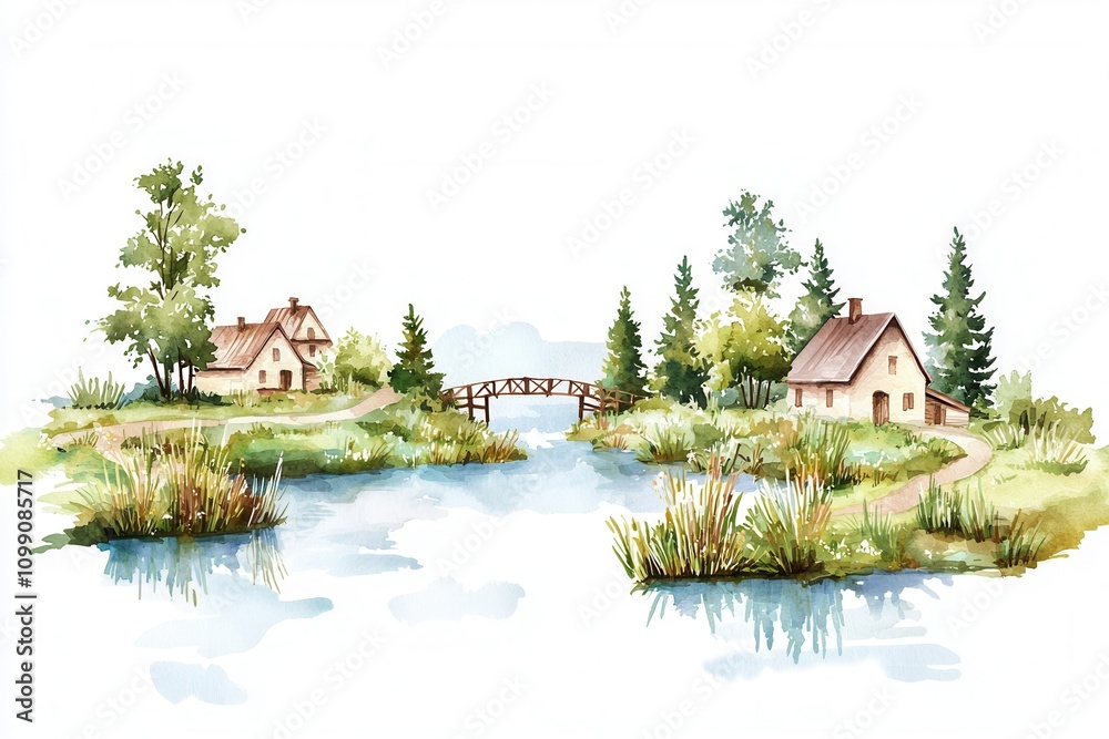 Obraz premium A serene watercolor landscape featuring two houses, a bridge, and lush greenery by a calm river.