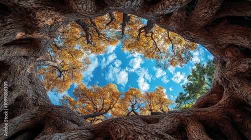 A view of autumn trees framed by a gnarled trunk, showcasing nature's beauty.