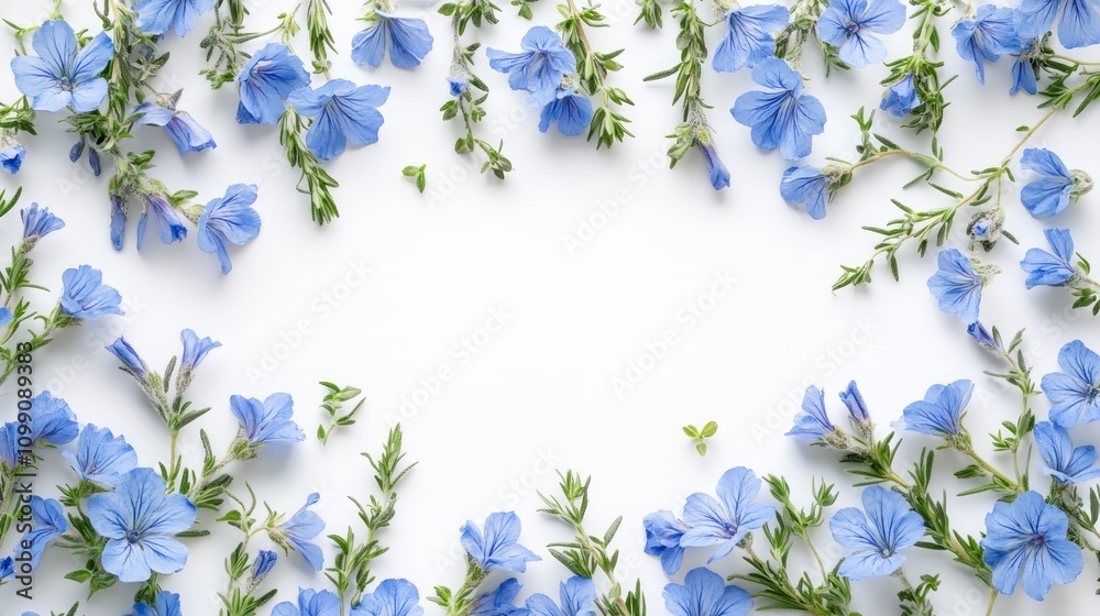 Fototapeta premium Flat lay of delicate light blue flowers and green sprigs arranged in a frame on white background, leaving a blank space in the center.