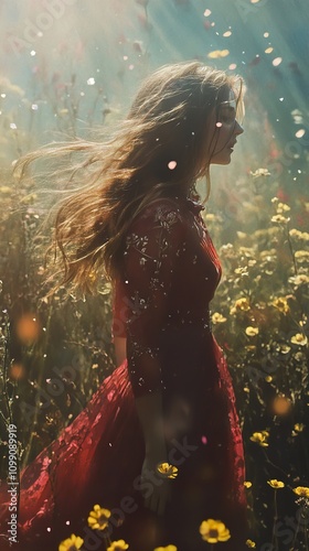 Woman in Red Dress in a Field of Flowers: A Dreamy Summer Scene