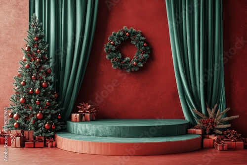 3D rendering of a Christmas podium scene with a green curtain and Christmas tree against a red wall, ideal for product presentation with natural lighting and flat lay composition. photo