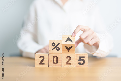 2024 to 2025 New year with percentage change to UP and Down arrow. Interest rate, GDP, stocks market, financial, deflation and Inflation, mortgage, debt, Loan and Economic Recession