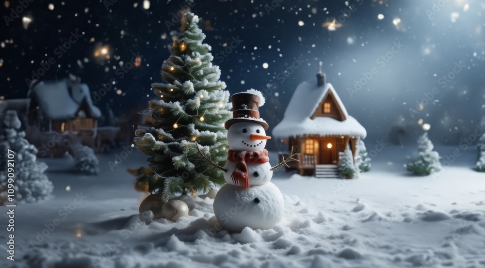 Obraz premium Christmas background. Christmas night theme with snowman. Christmas card with Christmas tree on night snowy background.