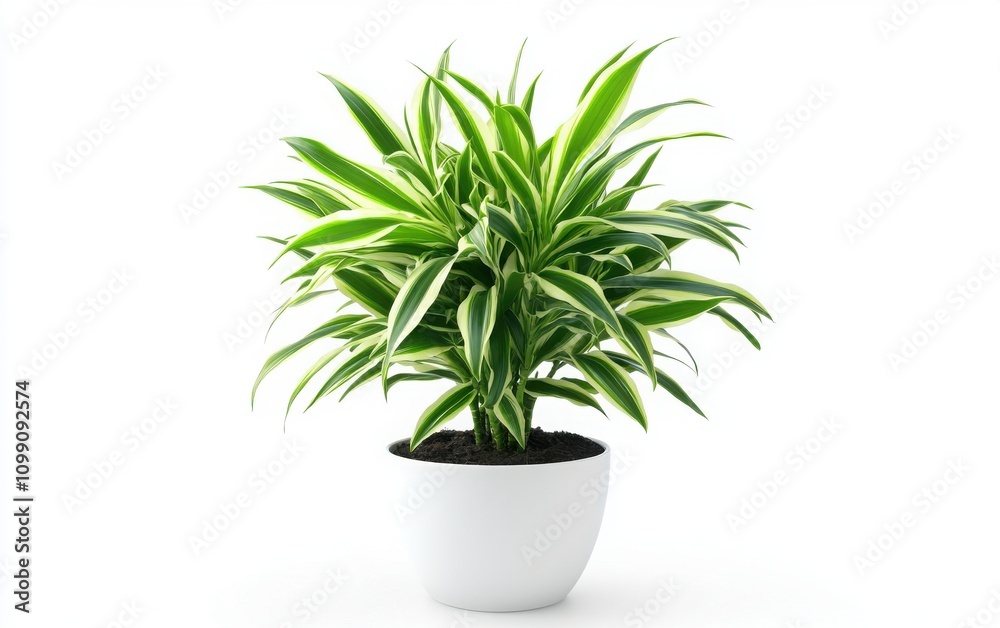 Fototapeta premium A professional photo of a potted Dracaena plant with white and green foliage, in a white pot, isolated on a solid white background
