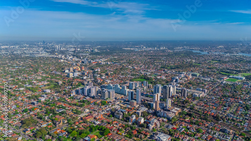 Panorama aerial drone view of western Sydney Suburbs of Canterbury Burwood Ashfield Marrickville Campsie with Houses roads and parks in Sydney New South Wales NSW Australia photo