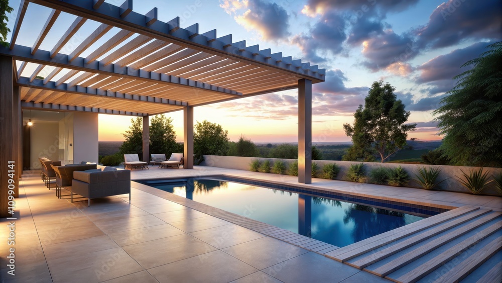 Fototapeta premium of an outdoor terrace with pool and pergola at dusk, terrace, outdoor, pool, pergola, dusk, evening, sunset, relaxing