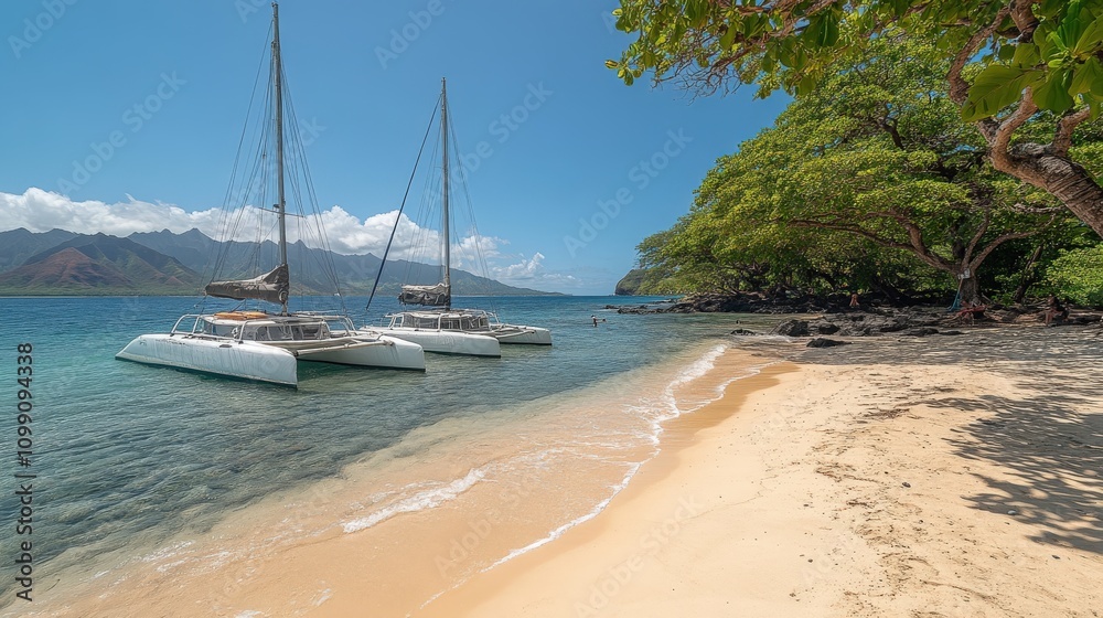 Obraz premium Tranquil beach scene with catamarans and lush greenery under a clear blue sky.