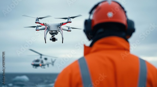 Drones in Action Over Ocean with Worker in Safety Gear photo