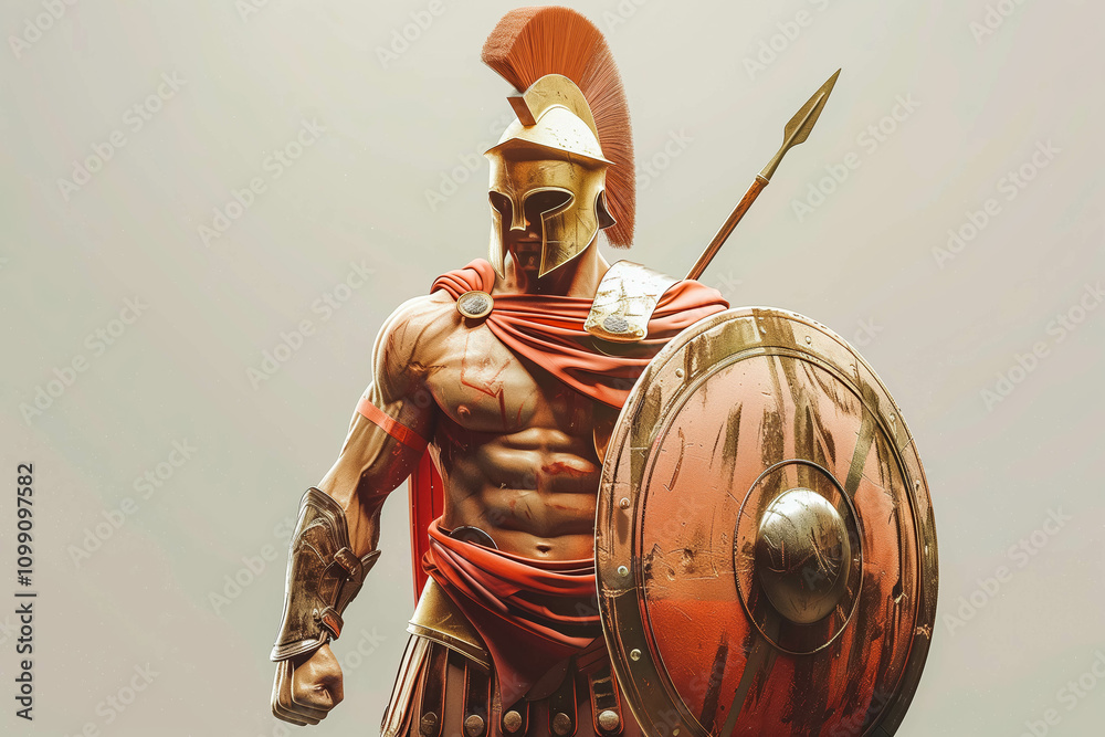Illustration of spartan warrior in armor with shield and sword, antique ...