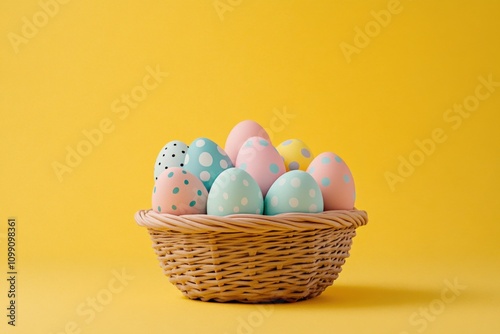 colorful decorative easter eggs in a wicker basket on a bright yellow background