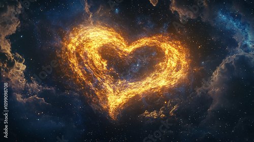 A heart made of swirling golden light in a starry night photo