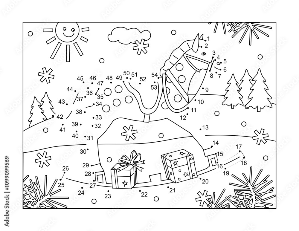 Fototapeta premium Dot-to-dot rocking horse in winter holidays activity picture puzzle and coloring page 