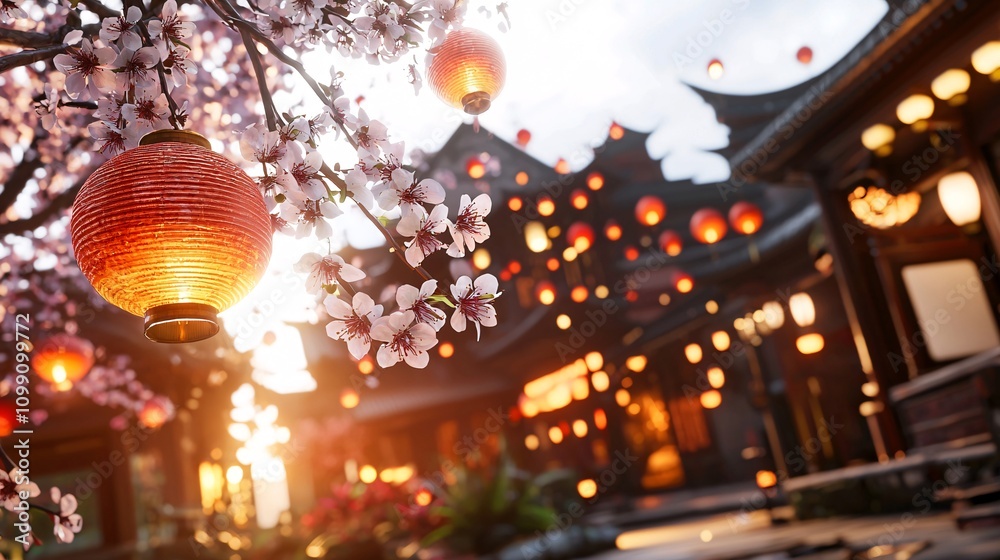 Obraz premium Chinese New year concept.A serene scene featuring cherry blossoms and glowing lanterns, set against traditional architecture during sunset.