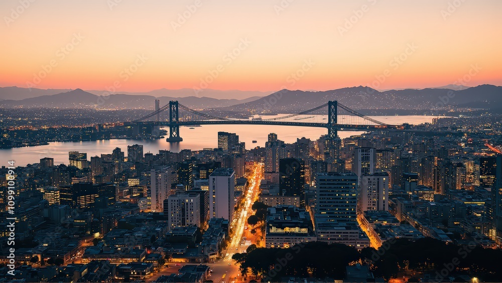 Naklejka premium Generative AI, Sprawling Urban Skyline with a Suspension Bridge at Sunset