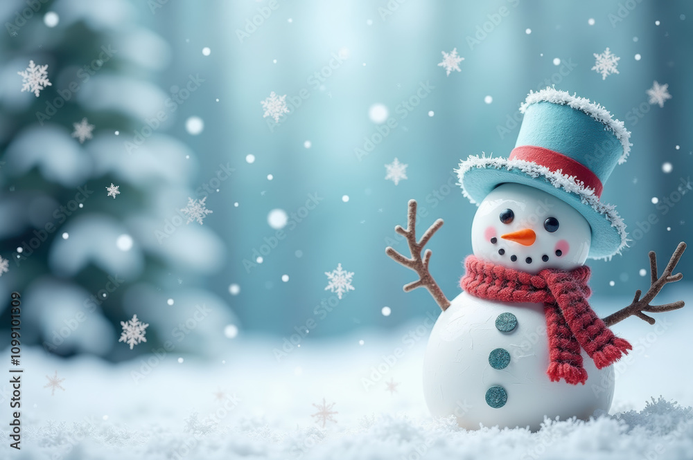 Obraz premium Cheerful snowman in a winter wonderland with falling snowflakes