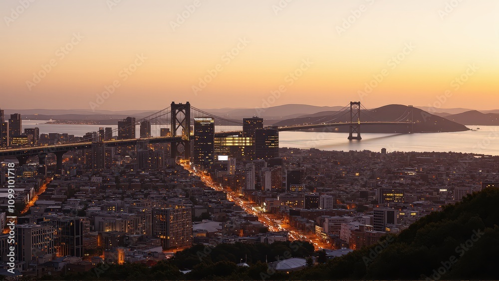 Fototapeta premium Generative AI, Sprawling Urban Skyline with a Suspension Bridge at Sunset