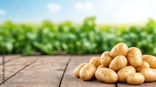 Harvested potatoes on a rustic wooden table with lush potato plants in the background capturing freshness and farming charm photo