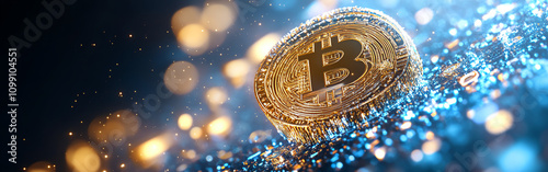 Bitcoin coin on sparkling background symbolizes cryptocurrency innovation and digital finance in a modern, tech-driven world. photo