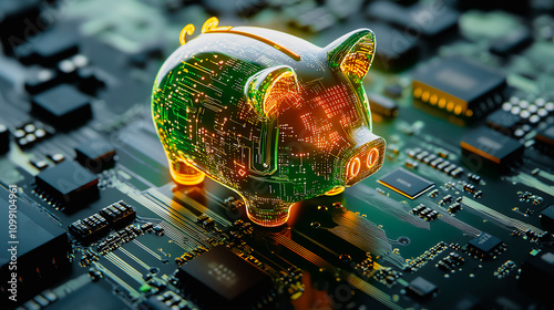 Futuristic piggy bank with digital design on circuit board, symbolizing the fusion of finance and technology in modern innovation. photo