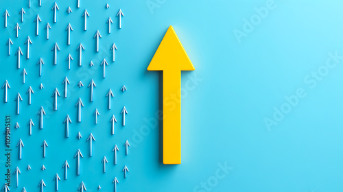 Large yellow arrow leading others, symbolizing leadership and direction. Blue background enhances contrast and focus on the main subject.