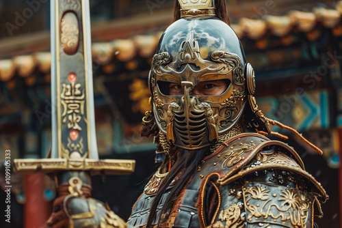Man in a chinese armour carrying his long sword, medieval, helmet