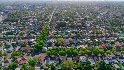 Panorama aerial drone view of western Sydney Suburbs of Canterbury Burwood Ashfield Marrickville Campsie with Houses roads and parks in Sydney New South Wales NSW Australia photo