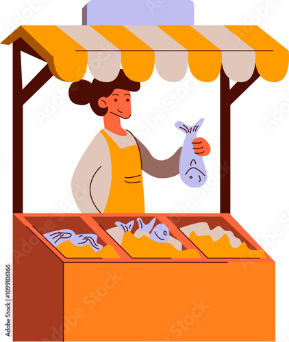 Friendly Fishmonger Selling Fresh Catch at Market Stall