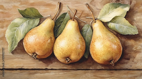 A close-up of freshly picked pears with their leaves still attached, lying on a wooden surface.  photo