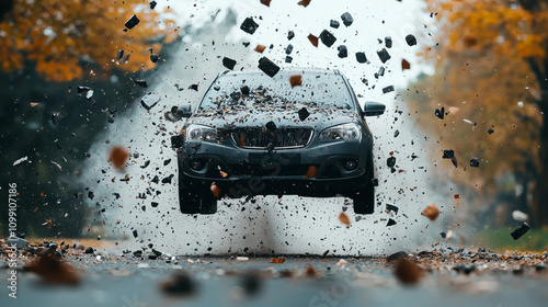 Car Leaping Through Autumn ...