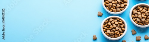 Three bowls of pet food filled with kibble on a blue background, emphasizing pet nutrition and care. photo