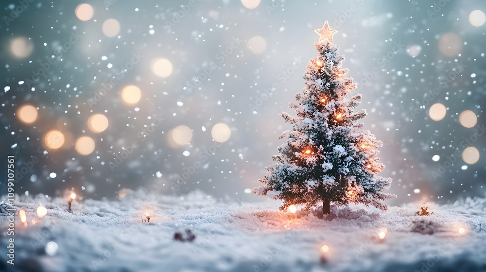 Obraz premium Festive Snow Covered Christmas Tree Winter Scene