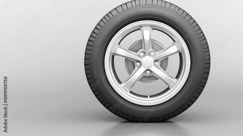 Obraz premium Silver Car Wheel with Black Tire on Light Gray Background
