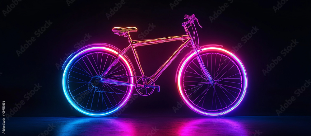 Fototapeta premium A neon-lit bicycle against a black background