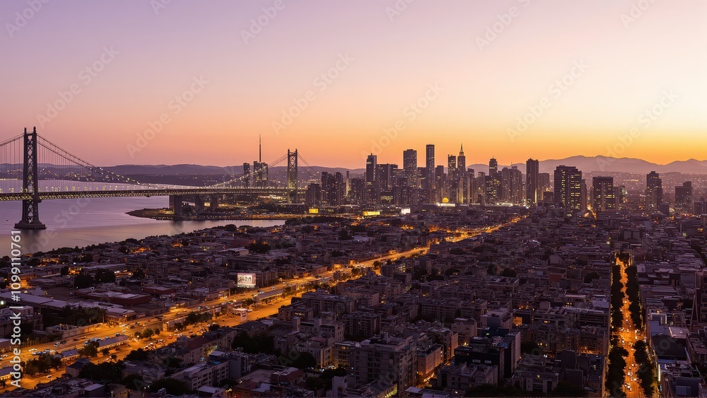 Obraz premium Generative AI, Sprawling Urban Skyline with a Suspension Bridge at Sunset