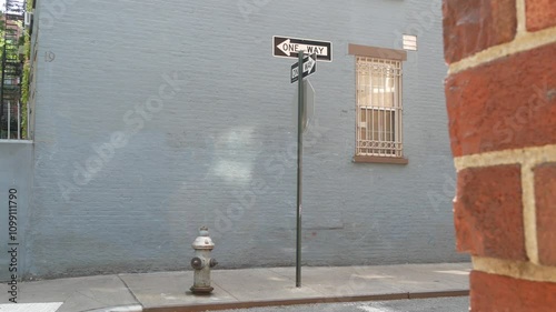 New York City oneway crossroad, Minetta street intersection one way arrow road sign. Manhattan Greenwich Village residential building architecture, NYC, United States. Blue brick wall, fire hydrant. photo