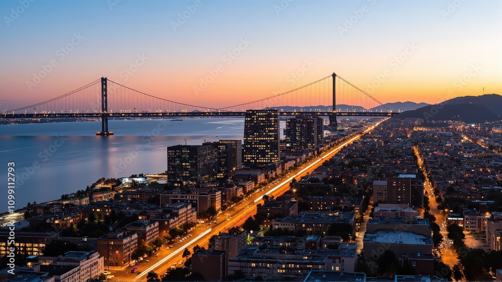 Obraz premium Generative AI, Sprawling Urban Skyline with a Suspension Bridge at Sunset