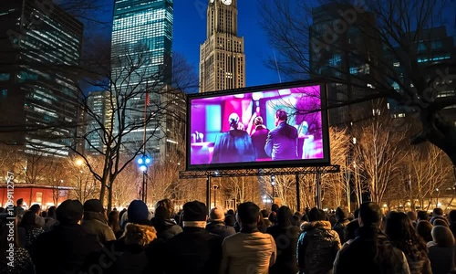 People Watching Inaugural Address on Big Screen photo