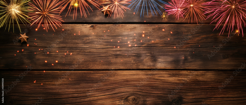 Fototapeta premium Festive Fireworks Celebration on Rustic Wooden Background