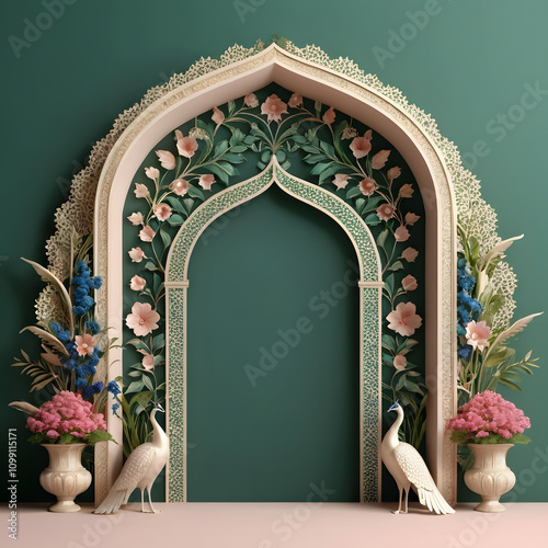 3D Mughal Arch Wedding Invitation Frame with Peacock, Flowers & Leaves photo