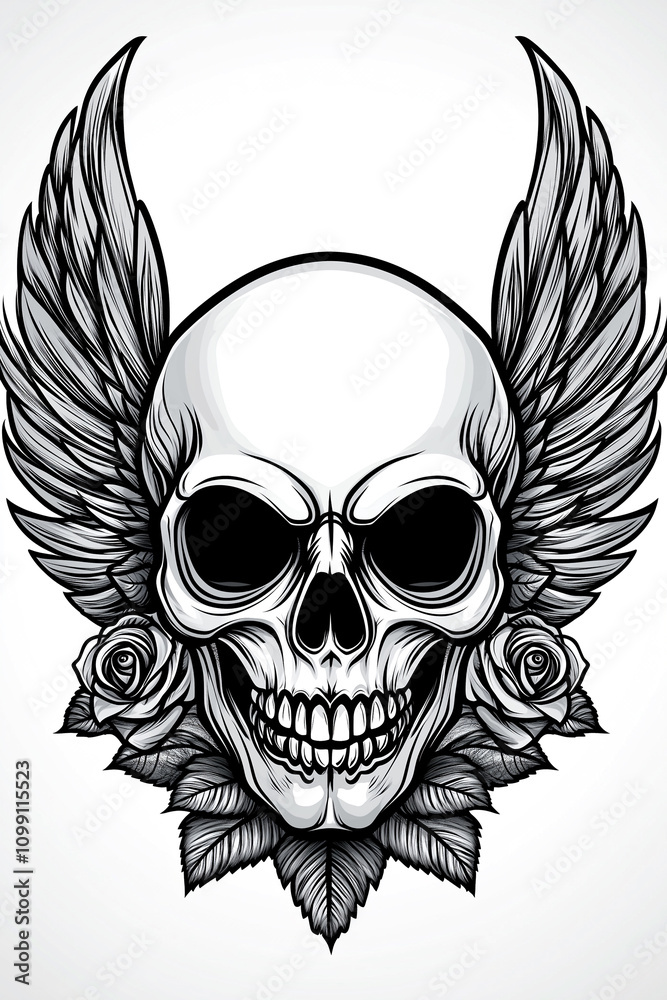 Obraz premium A skull with wings and roses surrounding it. The skull is black and white and the roses are red. Scene is dark and mysterious
