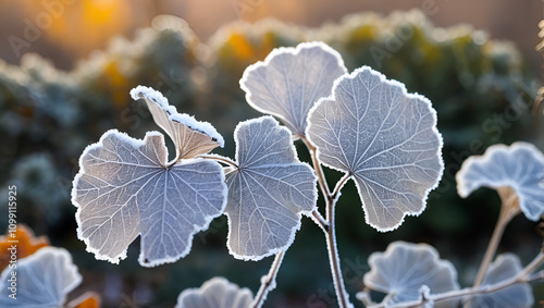 Dry silicles of Lunaria covered with rime in autumn morning against blurred garden. Closeup. Selective focus photo