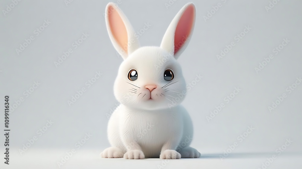 Fototapeta premium A cute, stylized white rabbit with big eyes and floppy ears, sitting on a plain background.