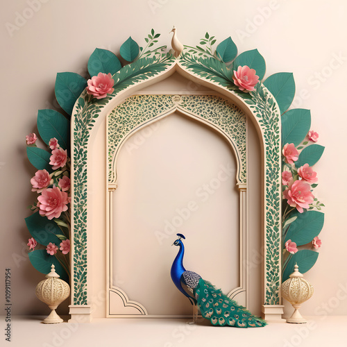 3D Traditional Mughal Arch Wedding Invitation Frame with Peacock, Leaves & Flowers Design photo