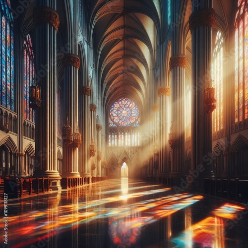 Sunlit Cathedral Interior The grand interior of a cathedral wher photo
