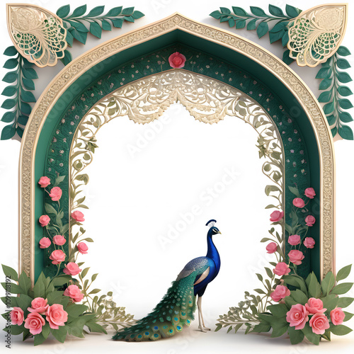 3D Traditional Mughal Arch Wedding Invitation Frame with Peacock, Leaves & Flowers Design photo